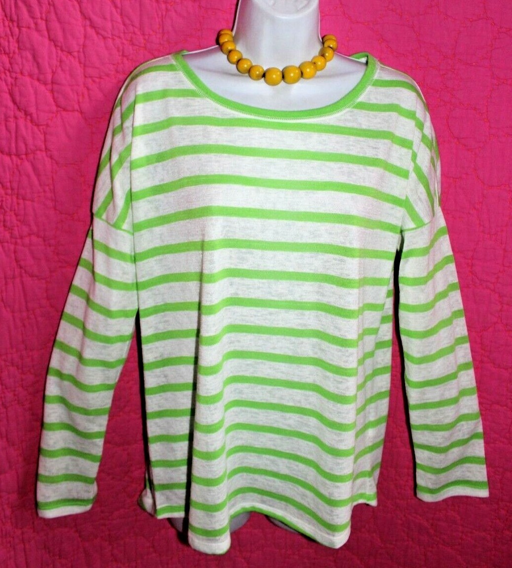 KIARA Bright Lime Green White Striped Thin Pullover Sz M Long