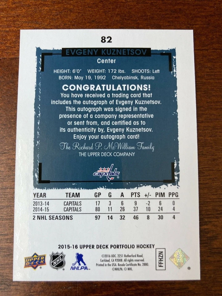 2015-16 Upper Deck Portfolio Autograph Evgeny Kuznetsov Auto Capitals - Image 2 of 2