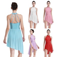 US Women Leotards Maxi Leotard Roller Dresses Fitness Dress Irregular Dancewear