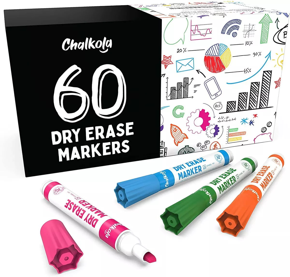 Dry Erase Markers Bulk Pack of 60 (12 Vibrant Colors), Chisel Tip White  Board Ma