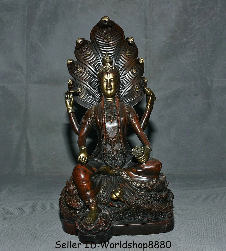 12" Old Tibet Buddhism Red Copper Gilt 5-Heads Snake Naga Kanya Buddha Statue - Image 2 of 4