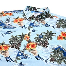 AFTCO Mens Vented Hawaiian Shirt L Marlin Fishing Tropical Floral Boats Aloha