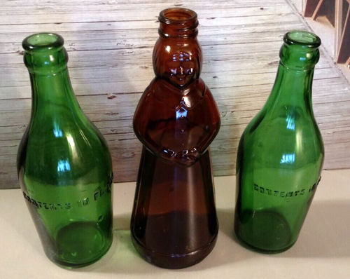 Lot of 3 Vintage Mrs. Butterworth's Amber Glass Bottle & 2 Green 10 oz