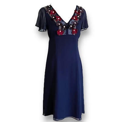 boden limited edition silk dress Boden Womens Dress Sz 4 Navy Blue Silk Floral V-neck A-line Sheath Preppy
