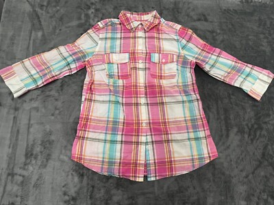Croft & Barrow Shirt Women's Small Multi Plaid Roll Tab Long Sleeve Button Up