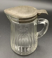 Ribbed Clear Glass Syrup Cream Pitcher Metal Spring Loaded Lid  4.25” Vintage