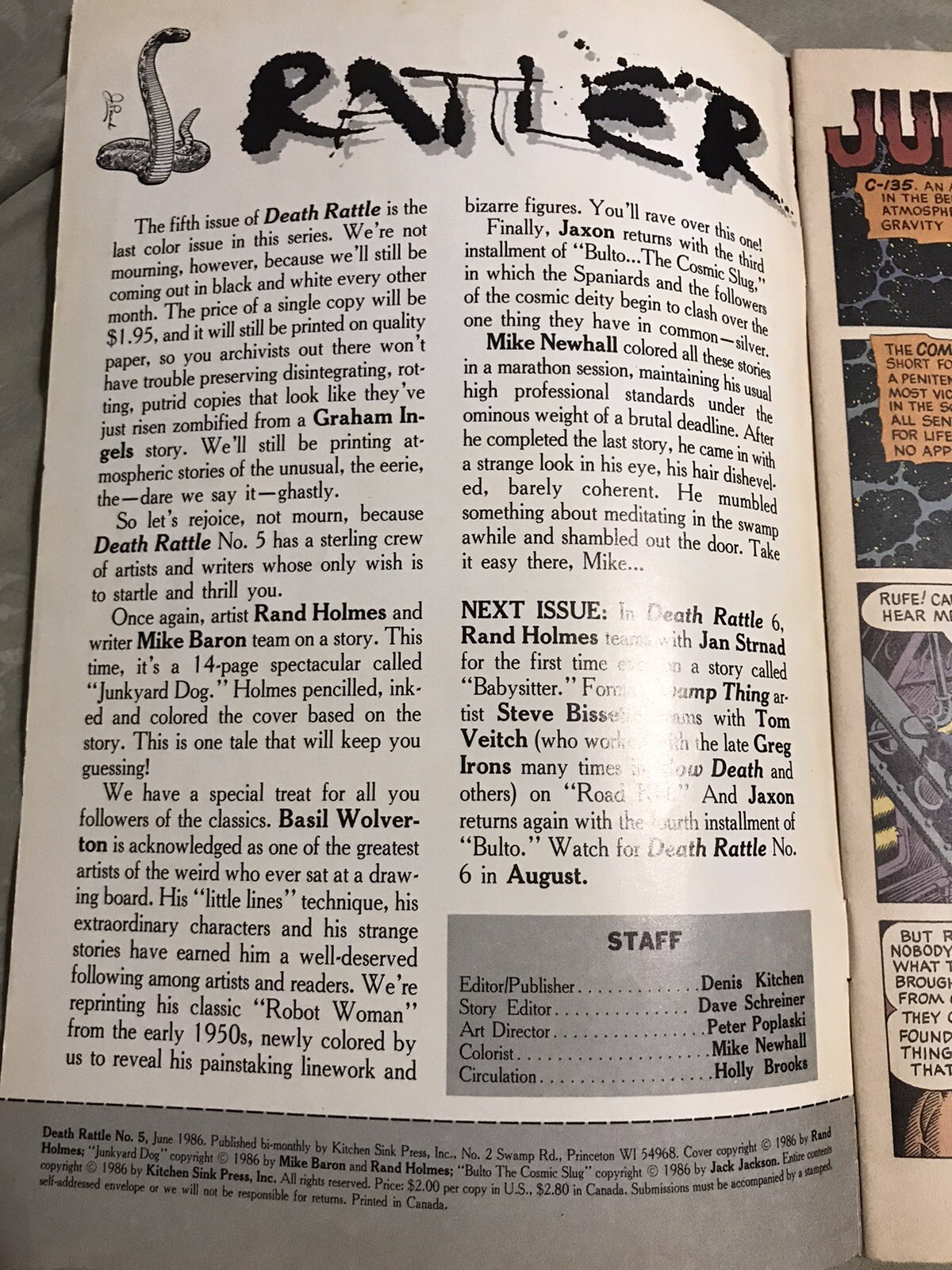 DEATH RATTLE 5 (1986 KITCHEN SINK PRESS) CAPTIVATING COVER & ART RARE