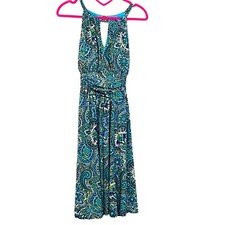 R&K Vintage 90s Blue Paisley Print Sleeveless Keyhole Cut Out Midi Dress Size 14