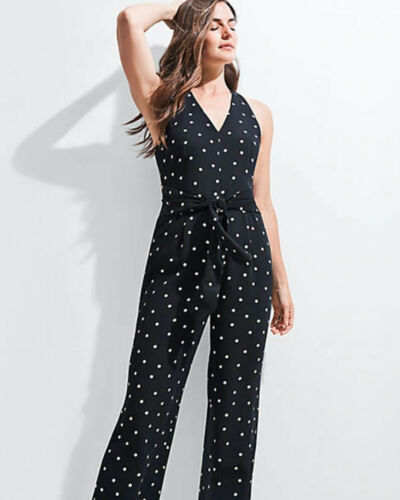 Ann Taylor schwarz gepunktet Racerback Tie Taille V-Ausschnitt Overall 4, 6, 8, 10 - Bild 3 von 4