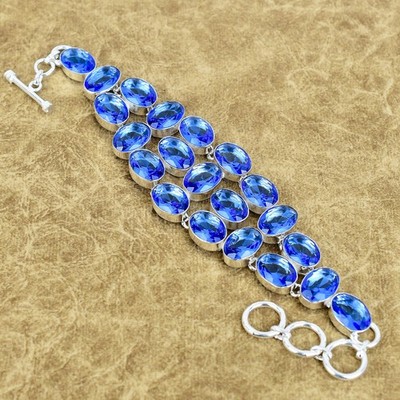 Gift Natural Tanzanite Quartz Gemstone Bracelet 925 Sterling Silver Oval Jewelry