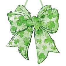 St Patrick's Day Wooden Door Sign with String Hanging Plaque Green Bow Shamrock