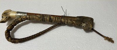 Antique Ashford Horse Riding Crop Dog Head Whistle Carved Horn Leather Whip