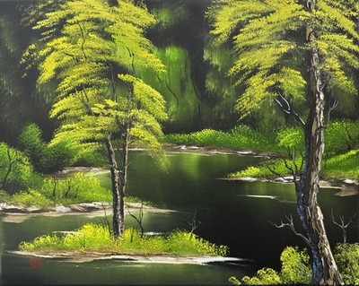 Green Forest Pond, Oil Painting, Swamp, Rugged Trees, 16x20  Canvas
