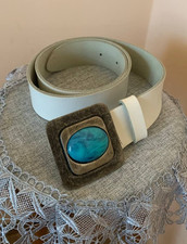 Vintage Street One White Leather Belt Turquoise Stone Buckle Boho Y2K Italy 85