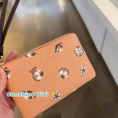 NWT Coach Corner Zip Wristlet With Shell Print CBP23 Coral/Maple