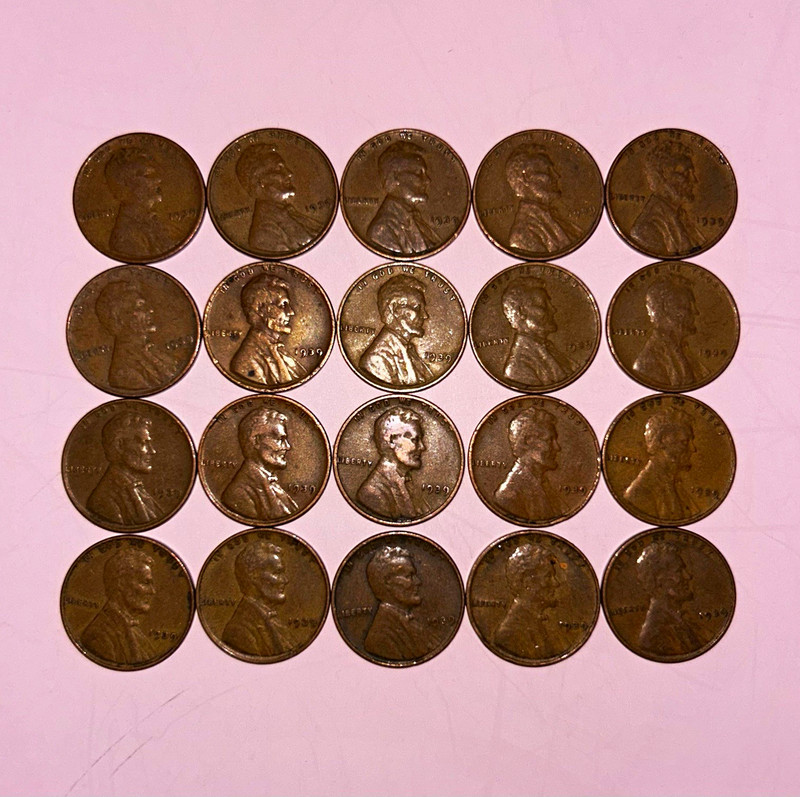 20x Raw 1939 Lincoln Wheat Small Cents Penny Lot w/ Tube