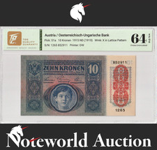 Austria 10 Kronen 1915 ND (1919) P 51a UNC TQG 64 EPQD WITH HARD CASE NR