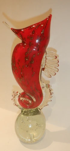 Vintage MURANO Glass 11" Sea Horse Sculpture - Ruby Red Bullicante Art Glass