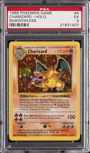 1999 POKEMON GAME SHADOWLESS #4 CHARIZARD-HOLO PSA 5