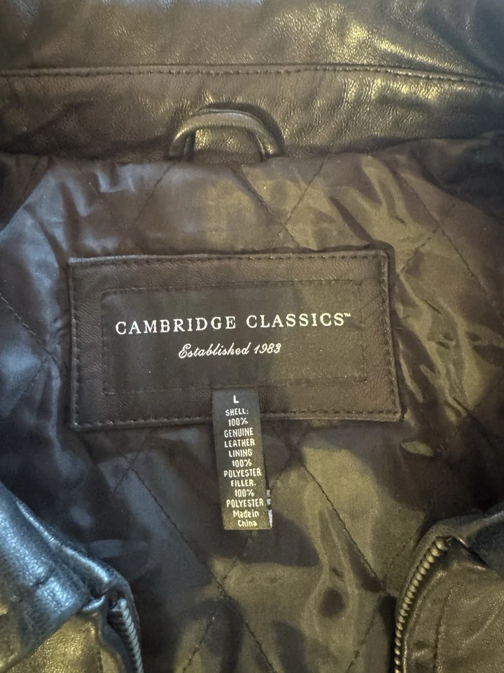 Chaqueta de bombardero Cambridge Classics para hombre L de cuero genuino negra acolchada forrada Foto 2 de 4