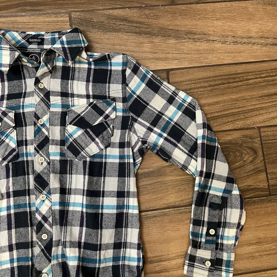 Volcom Shirt Mens Small Blue Cotton Plaid Button Up Long Sleeve - Image 4 of 4