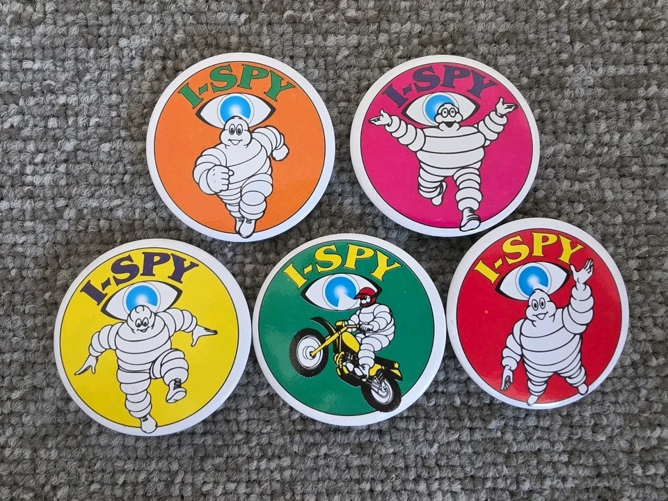 Vintage 1970s/1980s Michelin Man I-Spy Promotional Pin Badges - Set of 5 Job Lot - Image 2 of 4