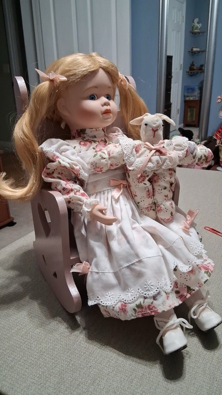 Porcelain Girl Play Doll Blonde Hair Blue Eyes w/ Chair & Stuffed Animal Set