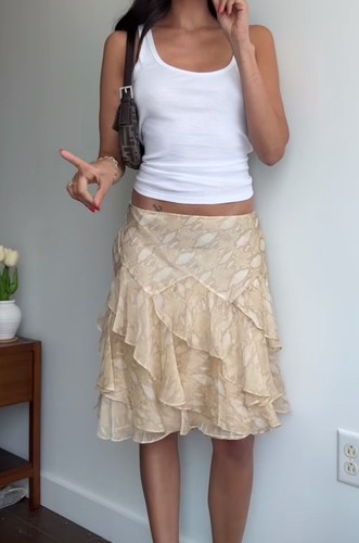 Midi Skirt 8 (32” Waist) Chiffon Satin Beige Minimal 90’s Style Low Waist - Picture 2 of 9