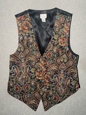 Vintage Floral Paisley Tapestry Vest Black Satin Back Boho 90s Size Large