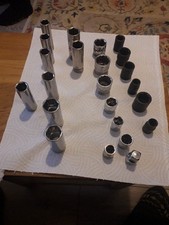 collection of 3/8 drive sockets 9x deep 14 shallow 6 are impact. 8 are halfords