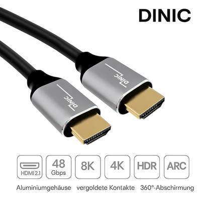 DINIC HDMI 2.1 Kabel 8K60 4K120 48Gbps HDR ARC Ethernet   Alu, dreifach geschirm