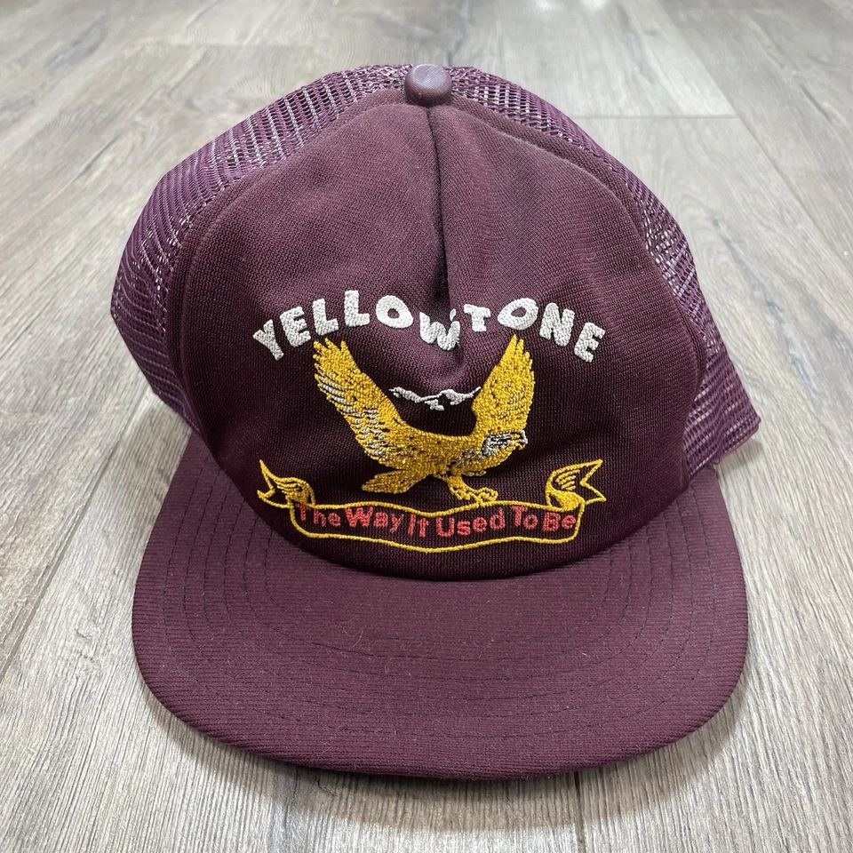 Gorra de camionero vintage Yellowstone Park Snapback gorra de malla granate hecha en EE. UU. OSFA Foto 3 de 4