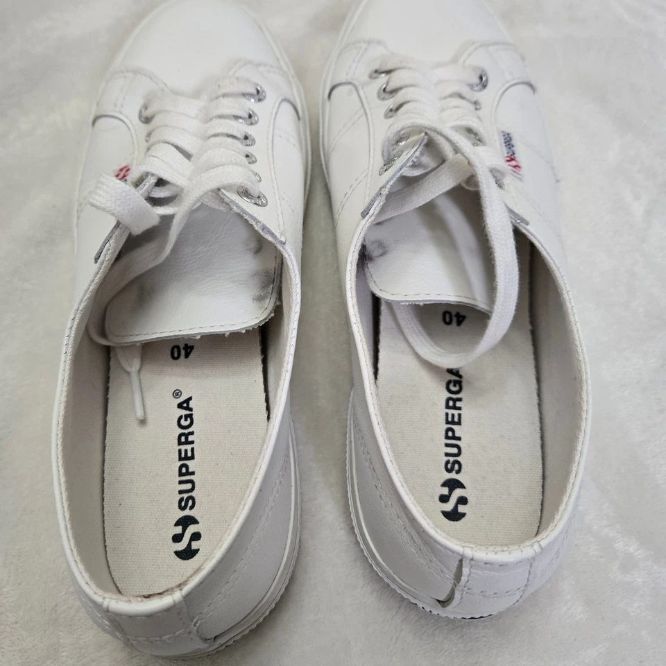 Superga White Leather Sneakers Classic Casual Lace Up Shoes Women's Size 40 - Image 4 of 4