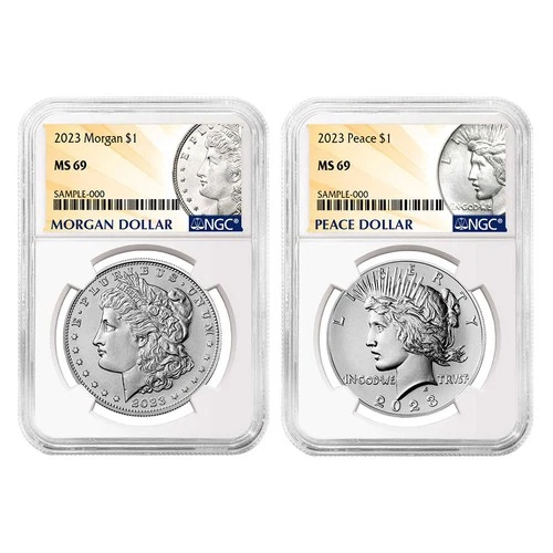 2023 $1 Morgan and Peace Silver Dollar 2pc Set NGC MS69 Morgan & Peace Label