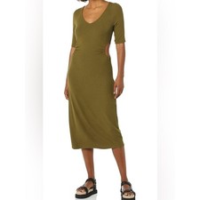Amazon Essentials Women's Olive Fine Rib V Neck Side Cut-Out Midi Dress