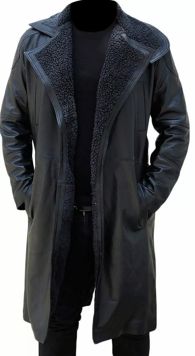 Blade Runner 2049 Ryan Gosling Fur Lapel Collar Trench Sheep Leather Coat Long image 4