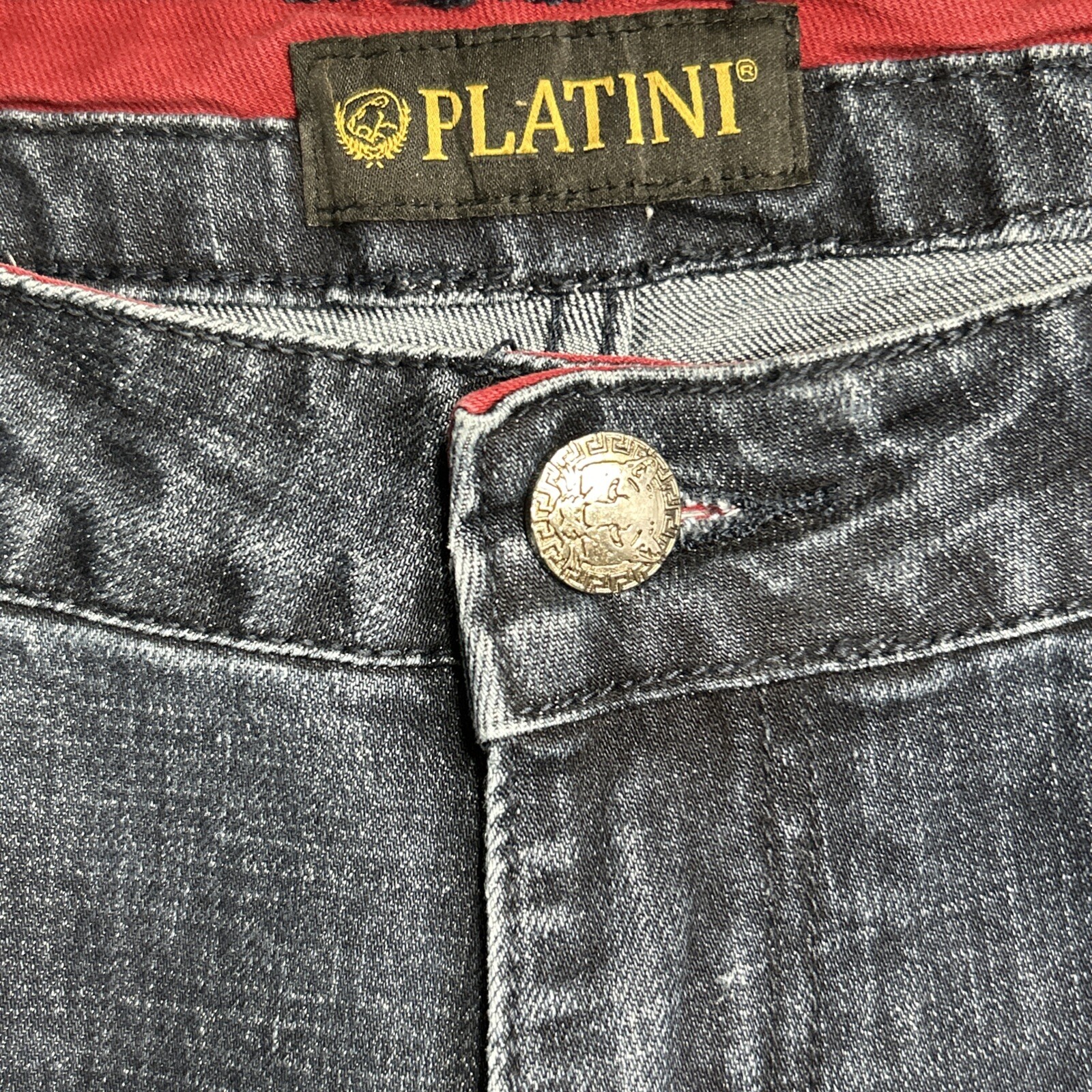 Platini Jeans Men's Sz 36x32 Blue Faded Whisker Studded Back Label Stretch EUC!