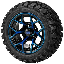 (4) Golf Cart 20x10R12 Sierra Rover Radial Tires on 12x7 Black/Blue Ninja Wheels