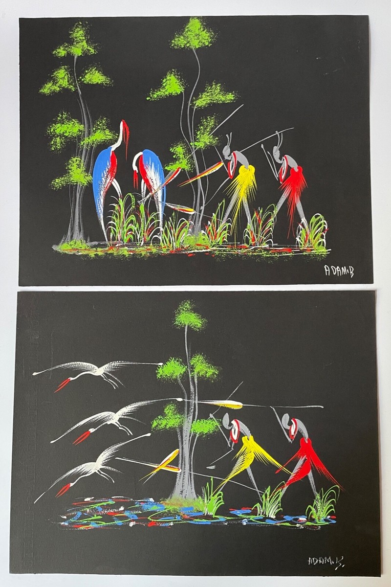African Art, Brazzaville, Congo 1960s, Gouache on Black Paper