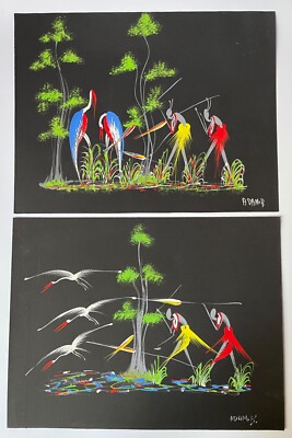 African Art, Brazzaville, Congo 1960s, Gouache on Black Paper
