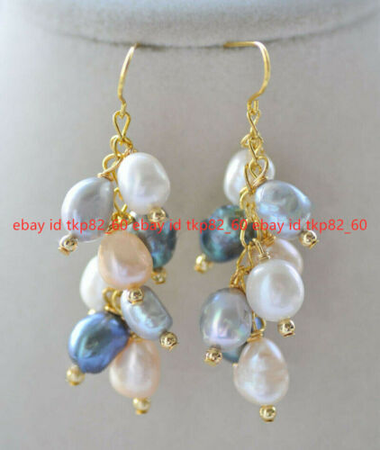 Handmade 7-9mm Multi-Color Natural Baroque Pearl Grape Dangle Gold Hook Earrings - Picture 1 of 12