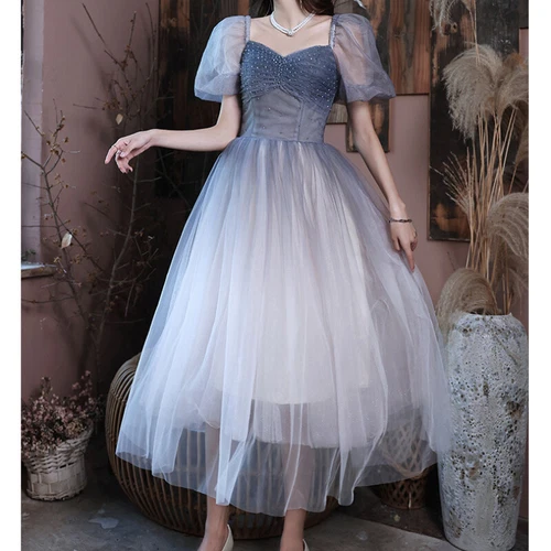 Damen Farbverlauf Netz Kleid Perlen Dekor Puffärmel Abendkleid Prinzessin glänzend - Bild 10 von 13