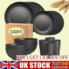 Dinner Set 32pcs-Plates Bowls Cup Wheat Straw Reusable Health Tableware Black UK