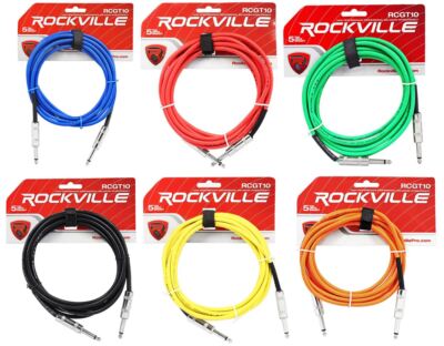 6 Rockville 10'  1/4'' TS to 1/4'' TS Guitar/Instrument Cable (6 Colors)
