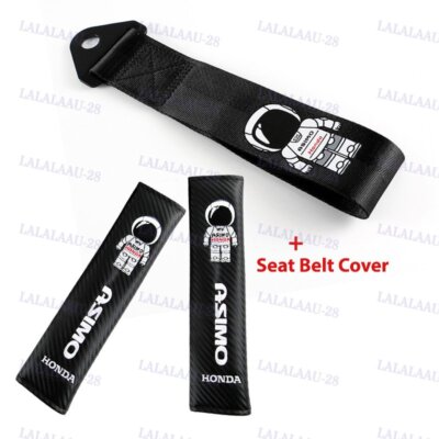 FRONT / REAR BUMPER ASIMO RACING BLACK HIGH STRENGTH TOW STRAP + SEAT BELT COVER