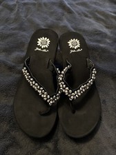 Ladies Size 8 Yellow Box Black Crystals Wedge Thong Sandles