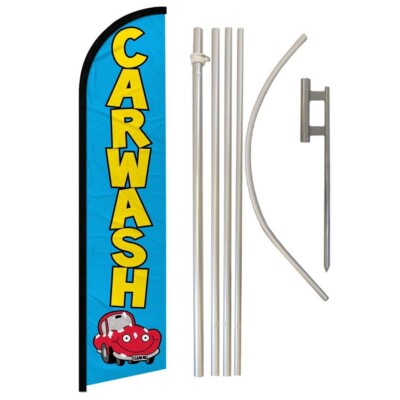 Car Wash Windless Full Curve Advertising Auto Banner Flag & Pole Kit (Blue)