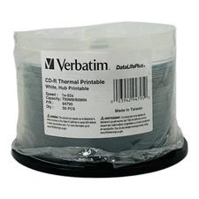 50 Discs Verbatim CD-R 700MB 52X DataLifePlus White Thermal/Hub Printable *Read*