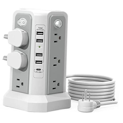 Surge Protector Power Strip Tower with USB C Port(PD18W),10FT Gray White-4A1C
