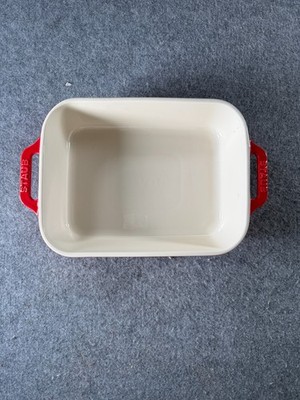 Staub Ceramic Rectangular Baking Dish Cherry Red Stoneware Baker Side Handles